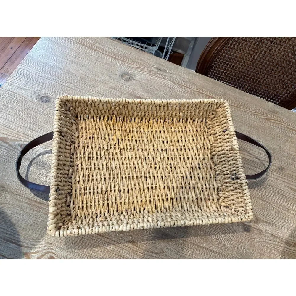 Seagrass Woven Low Rectangular Basket Faux Leather Handles